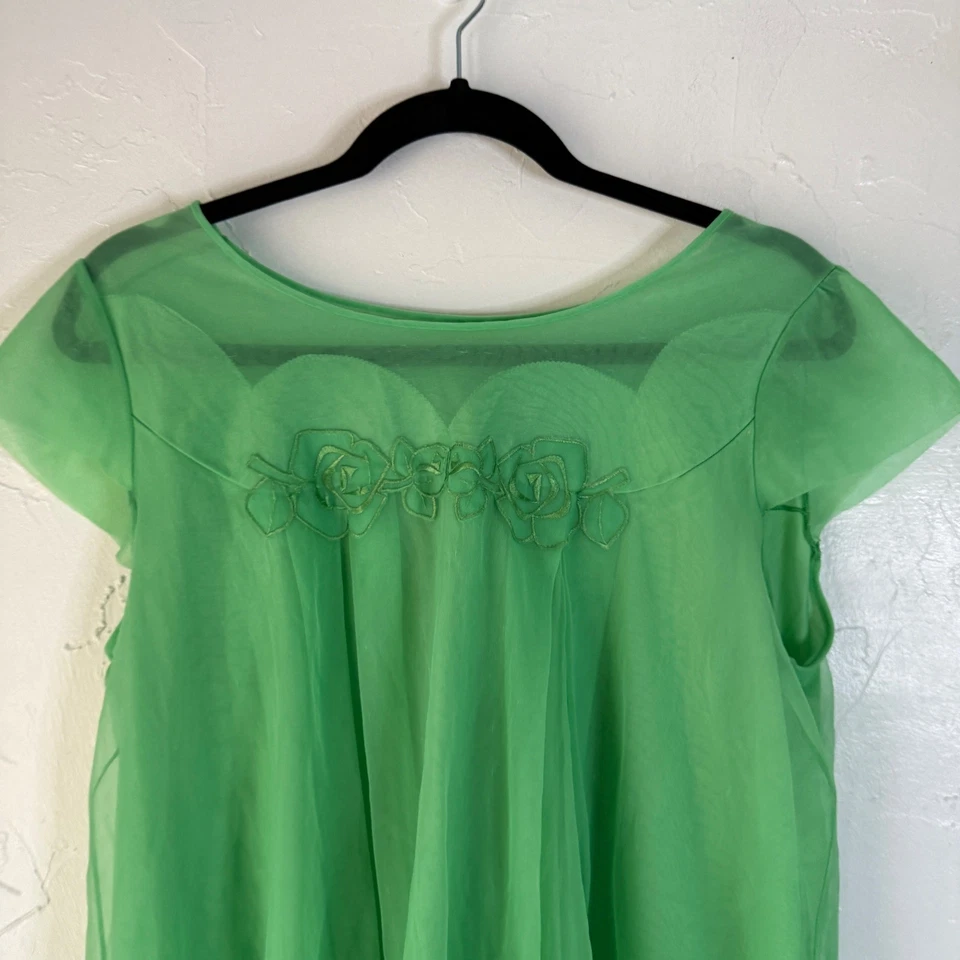Babydoll Vintage Años 70 Malla Verde Transparente Top Rosas Floral Gorra Ropa de Salón Lencería M Foto 2 de 4