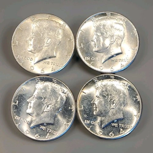 1964 Kennedy Half Dollars 90% Silver Lot of 4 Circulated AU/BU