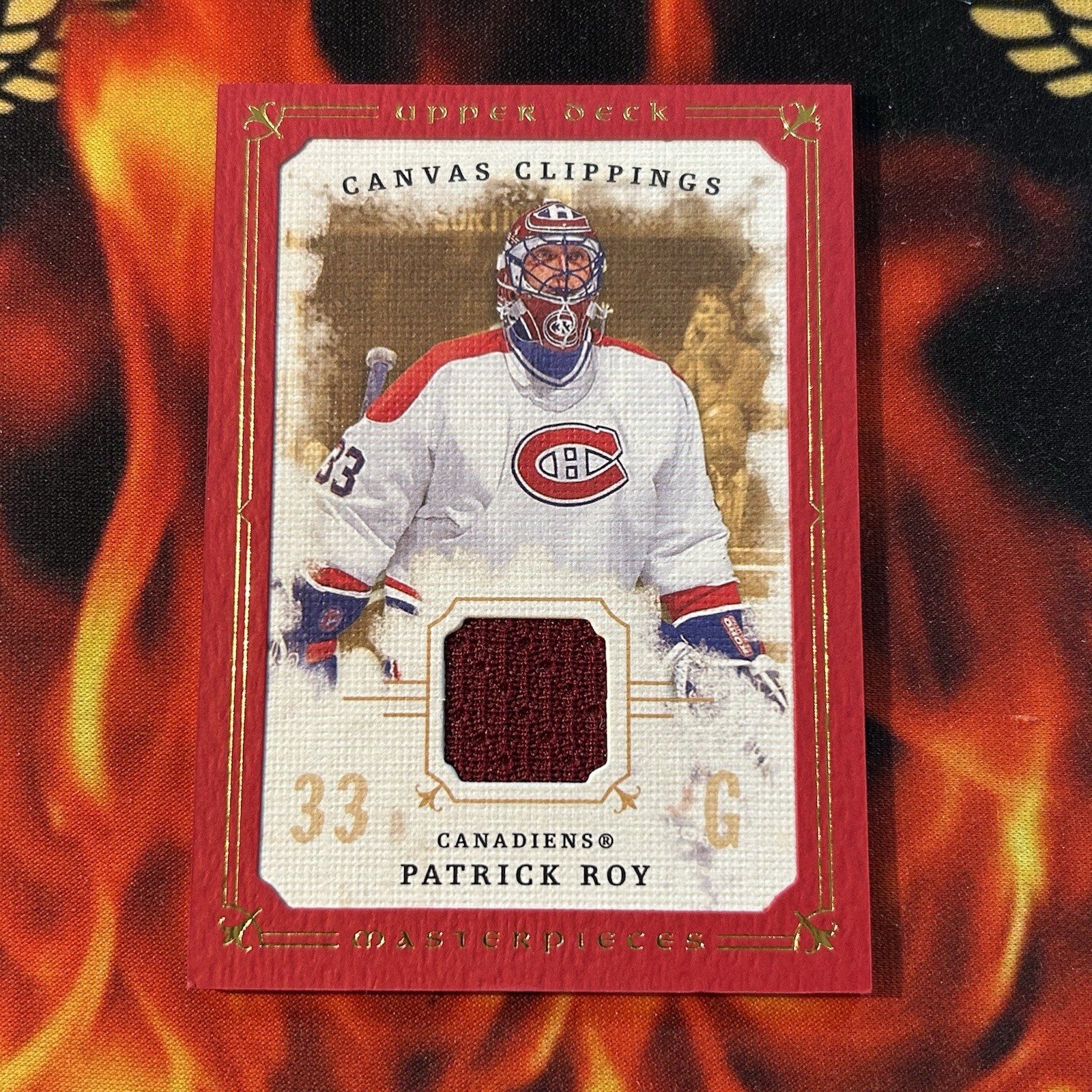 2008-09 UD MASTERPIECES PATRICK ROY 1 /10 FIRST PRINT CANVAS CLIPPINGS JERSEY