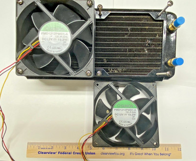 Small Brass Radiator Assembly with two 12V Sunon 120mm fans and brass fittings