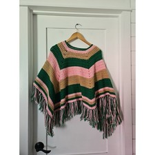 Vintage Handmade Crochet Poncho Cape Fringe Green Pink Brown Striped Knit
