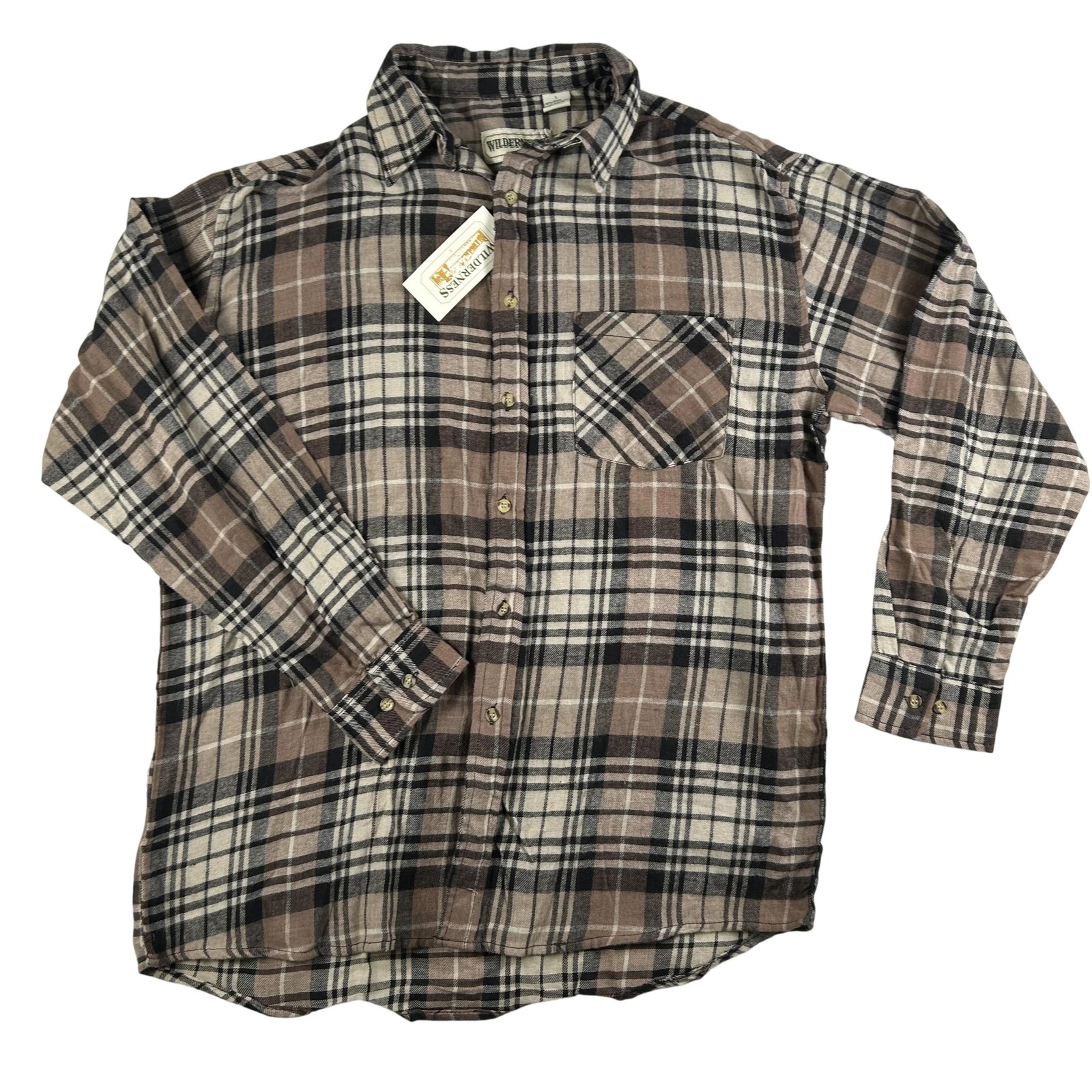 Wilderness Flannel Shirt Mens Large Brown Plaid Button Front Long Sleeve Outdoor