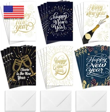 Happy New Year Cards with Envelopes,24 Pack Boxed Set,Classic Foil Holiday Greet