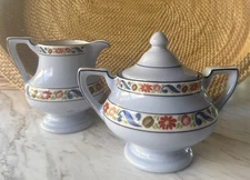 Vntg Fraunfelter BLUE FLORAL Porcelain Sugar Bowl & Creamer Royal Rochester 2633