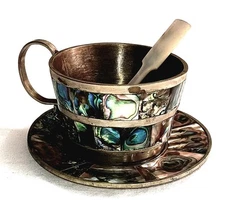Vintage Mexico Alpaca Mother of Pearl Miniature Tea Cup & Saucer Spoon Abalone 