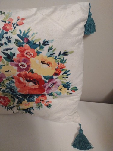 Pioneer Woman Spring Floral Tassel Throw Pillow Crushed Velvet Front 16" X 14" - Picture 3 of 4