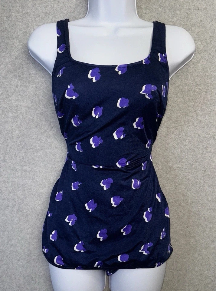 De Colección Años 90 ILGWU Traje de Baño Una Pieza 16/38 Retro Pin-Up Púrpura Floral Acanalado EE. UU. Foto 3 de 4