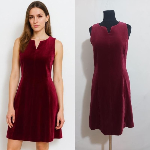 Women Laura Ashley Dress Burgundy Velour 36