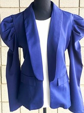 Navy Blue Open Front Shawl Lapel Blazer - Ruched Puff Sleeve - Medium
