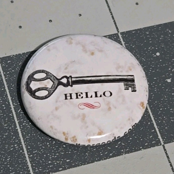 1" Round Metal Vintage Pin Hello Antique Key Graphics Selizergoods Company