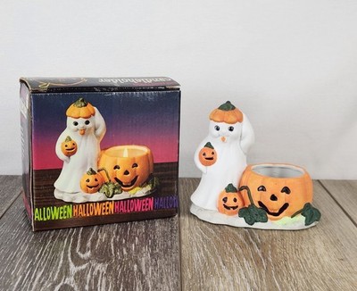 Ceramic Pumpkin Ghost Tea Light Candle Holder -  Vintage Halloween Decor