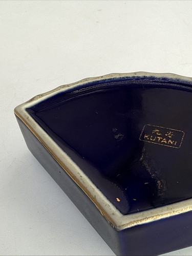 Vintage Cobalt Peacock Floral Trinket Jewelry Box Ceramic Fan Kutani Japanese - Picture 23 of 23