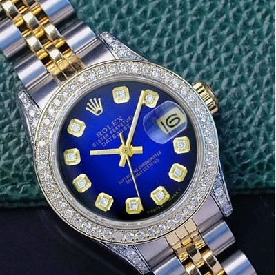 Rolex Datejust Womens TwoTone Watch Blue Vignette Diamond Dial Bezel Lugs 26mm