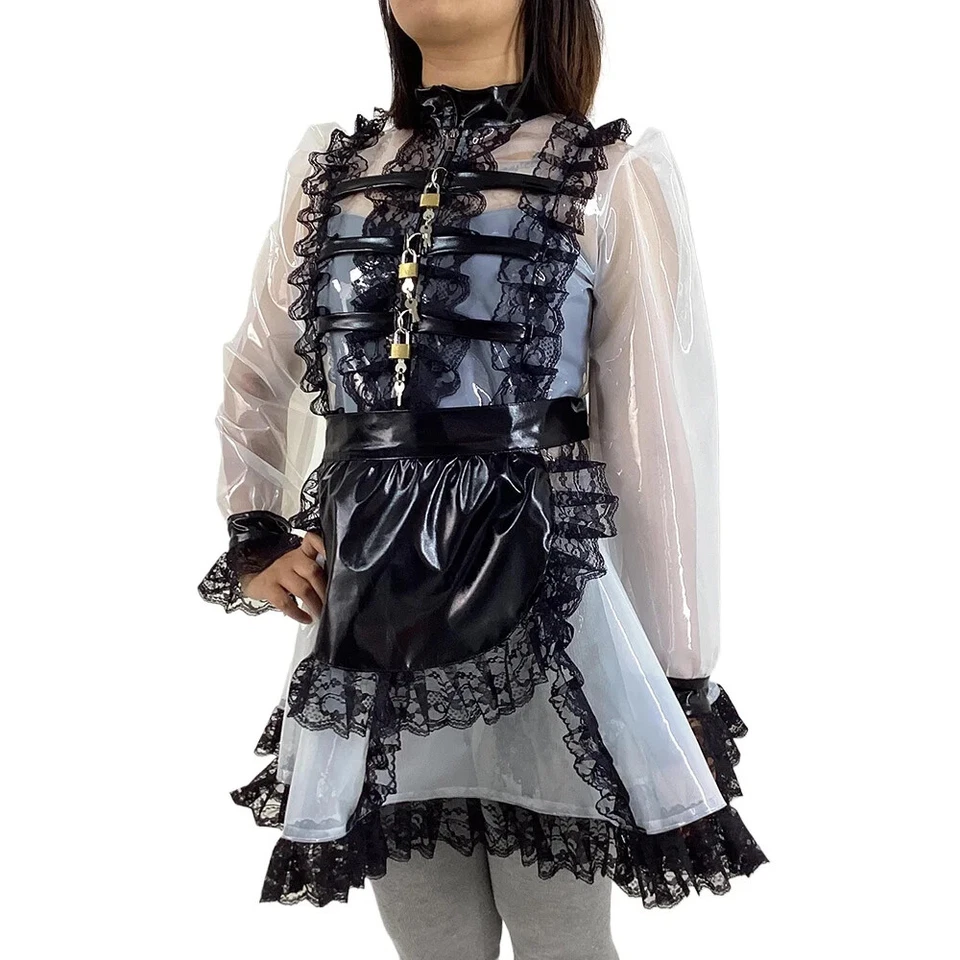 Sexy vestido de criada francés bloqueable de plástico PVC transparente manga larga abullonada Foto 2 de 4