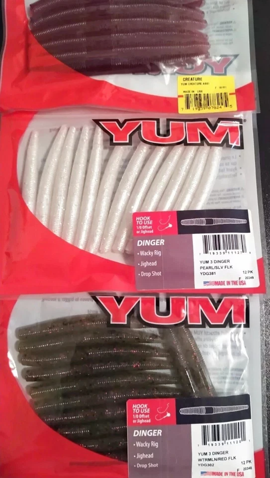 (3 paquetes) Lote de señuelos de pesca Yum Dinger 3" gusano plástico blando cebos plataforma Senko Ned Foto 2 de 3