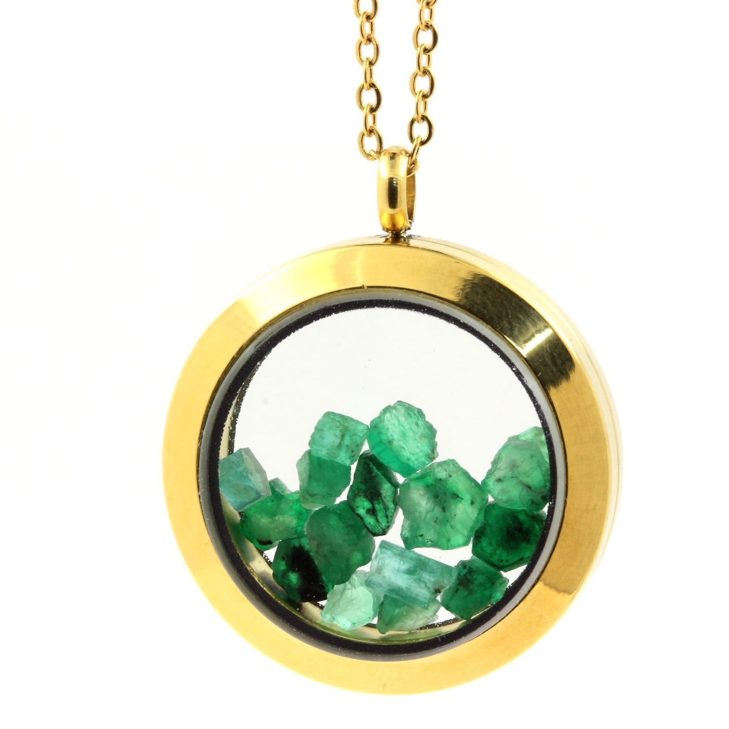 Collier émeraude brut pendentif médaillon 30 mm couleur or pour femme