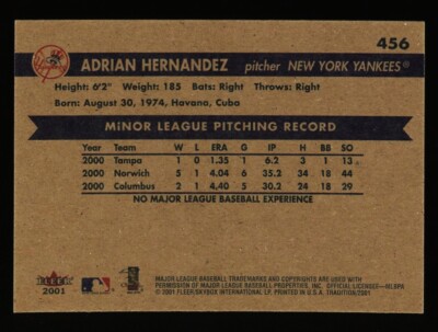 2001 Fleer Tradition Adrian Hernandez Rookie New York Yankees #456
