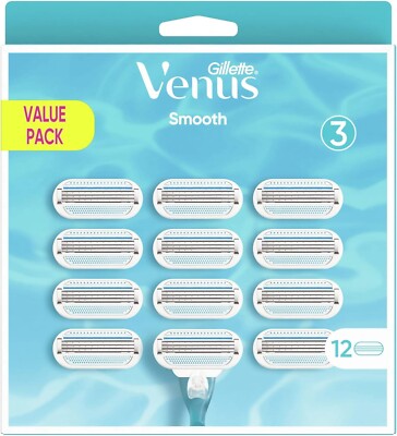 Pack XXL 12 Lames Gillette Venus Smooth Recharge - Lot De 3, Pour Rasoir Femme, Fabriqué En Pologne