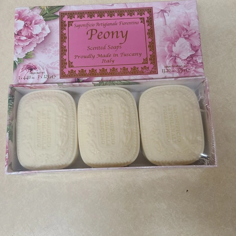 Jabones perfumados con peonía Saponificio Artigianale Fiorentino 3 x 4,4 oz. en caja de regalo Foto 2 de 4