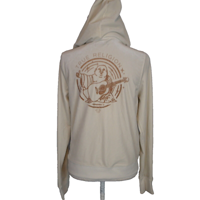 True Religion White / Cream Velvet Velour Full Zip Hoodie Medium