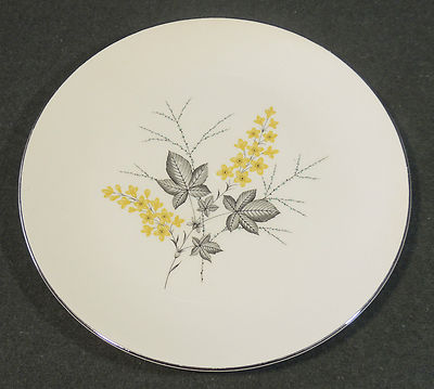 13 Vintage Primrose China USA Yellow Flower Gray Leaf Silver Trim Dinner Plate