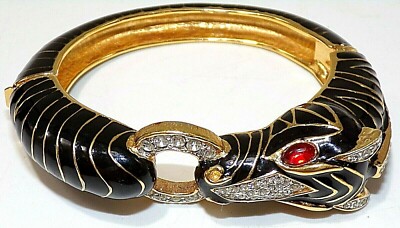 CINER DESIGNER SIGNED RARE BLACK Enamel CRYSTAL GOLD TONE HORSE / ZEBRA BRACELET