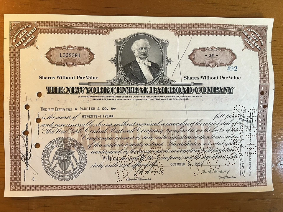 Certificado de stock del Ferrocarril Central de Nueva York: Cornelius Vanderbilt Foto 2 de 4