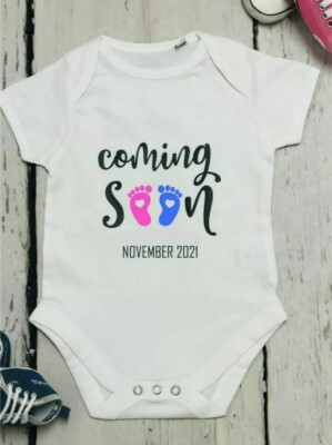 Personalised Coming Soon announcement baby grow vest bodysuit baby shower gift