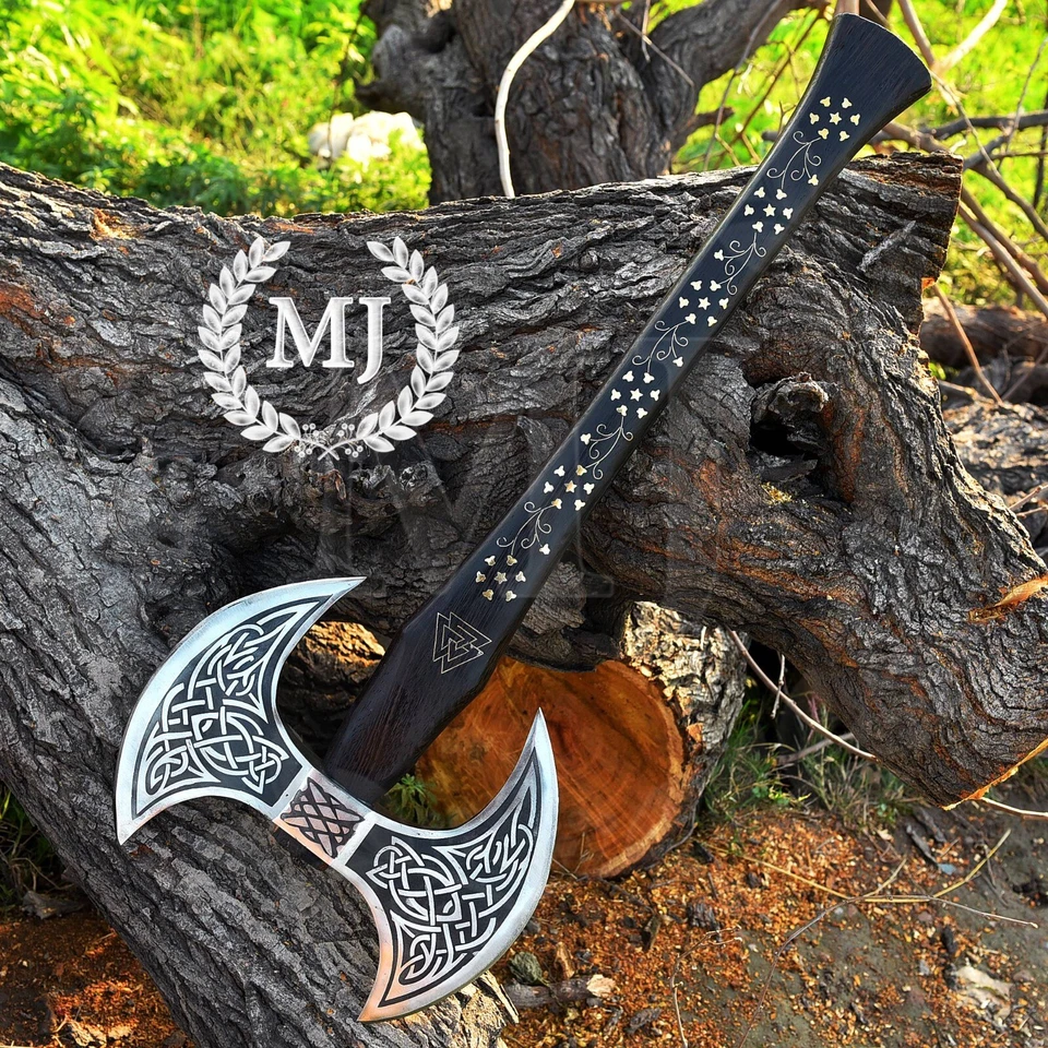 Hecho a mano personalizado, acero de alto carbono, doble cabeza, hacha vikinga, hoja grabada, Foto 2 de 4