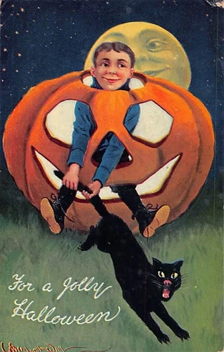 HALLOWEEN, ARTIST WALL PC BOY SITS IN JOL CAT MOON FACE Pub. VALENTINE used 1910