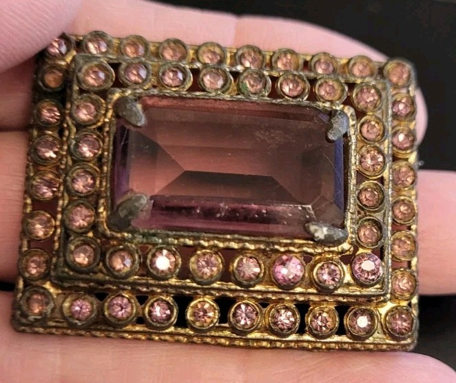 Vintage Rectangular Tiered Amethyst Rhinestone Br… - image 1