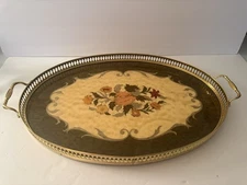 Italian Sorrento Marquetry Serving Tray Brass Edge Handles Mid-Century Gorgeous!