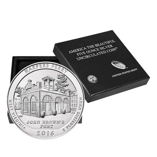 2016-P 5 oz Burnished ATB Harpers Ferry Silver Coin box and coa