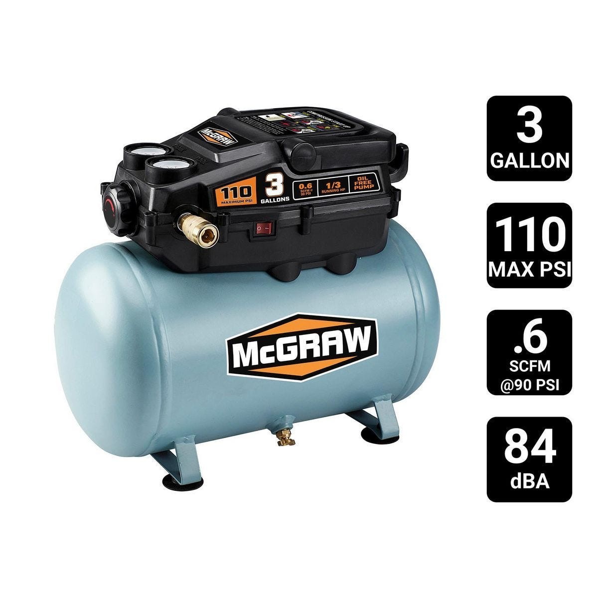 MCGRAW 3 Gallon, 110 PSI Oil-Free Light-Duty Hot Dog Air Com