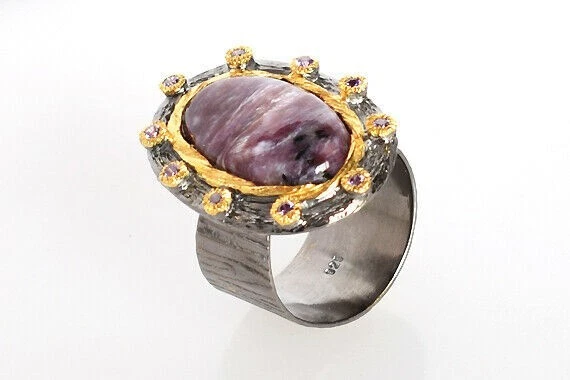 Anello da donna ovale in argento sterling 925 con pietra preziosa Charoite... - Immagine 4 di 4