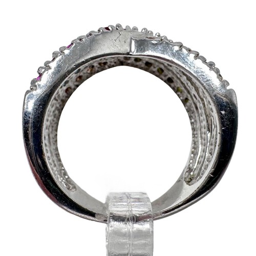 Silver Tone Ring with Multicolored Stones in Narrow Crossover Pattern Sz 8 - Picture 8 of 10