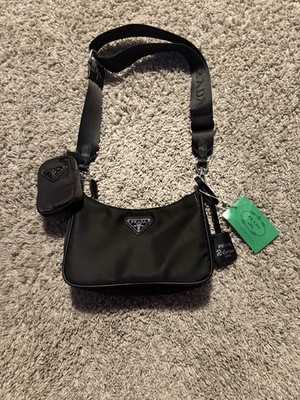 PRADA Re-Edition 2005 Black Shoulder Bag Logo Strap Adjustable Zip w/ Pouch