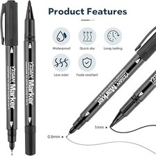 Permanent Marker Thin, Permanent Pen Black with Fine Dual Tip, 12 Waterproof