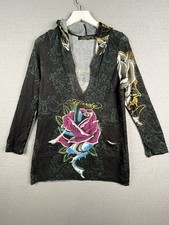 Vtg Ed Hardy Christian Audigier Knit Hoodie Sweater Womens XL Shark Rose Y2K