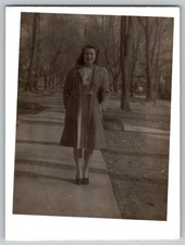 Vtg B&W Snapshot Woman In Coat Walking Down Pathway 1940s
