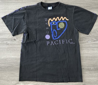 Vintage 90s Ocean Pacific AOP black graphic tee with purple accents USA Made