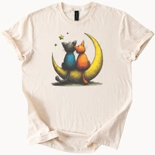 Cats Sitting on Crescent Moon Artistic Colorful Cat Graphic Shirt Star Design Te