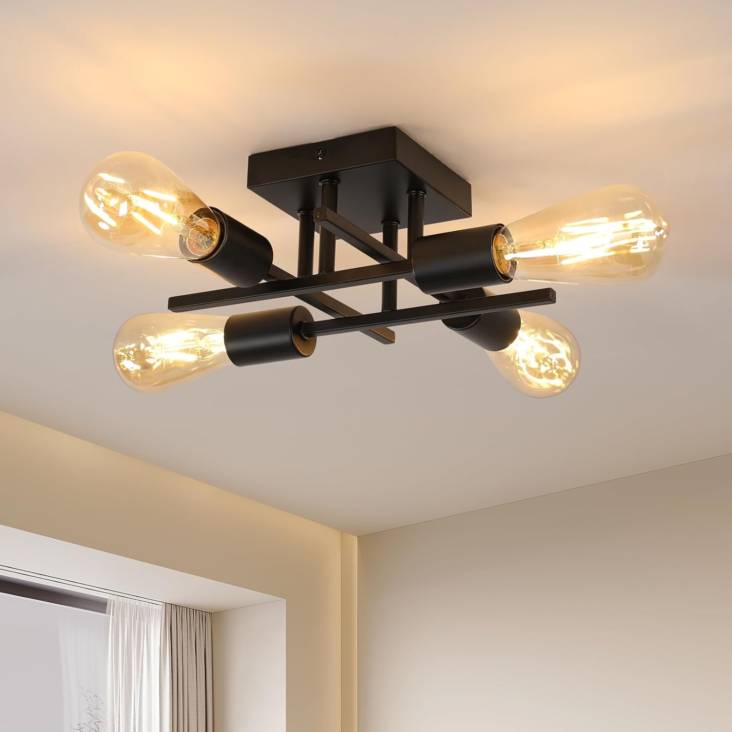 Plafoniera Vintage Industriale E27 a 4 Luci - Lampadario Retro per Soffitto