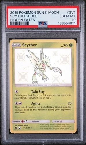 2019 POKEMON SUN & MOON HIDDEN FATES #SV1 SCYTHER-HOLO PSA 10
