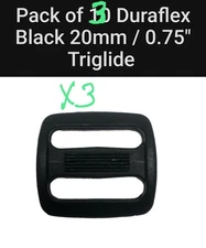 Pack of 3 Duraflex Black 20mm / 0.75" Triglide - Sliplok - Fastener Fashion
