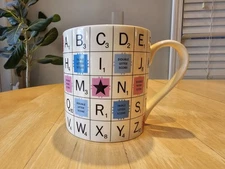 Scrabble Coffee Mug Cup 2014 by Wild & Wolf Ivory with Pink Blue Red Tile Design