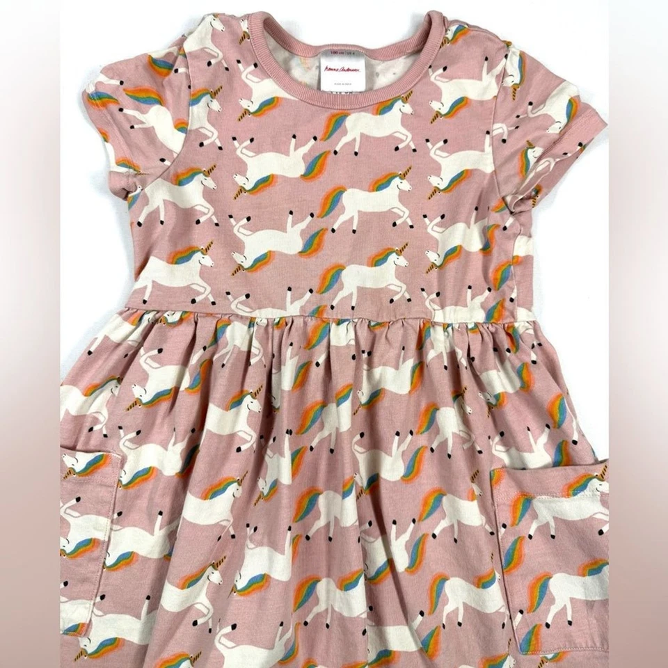 HANNA ANDERSSON Girls Unicorn on Pink Print Dress 4 Whimsical Rainbow Playwear - Image 2 of 4