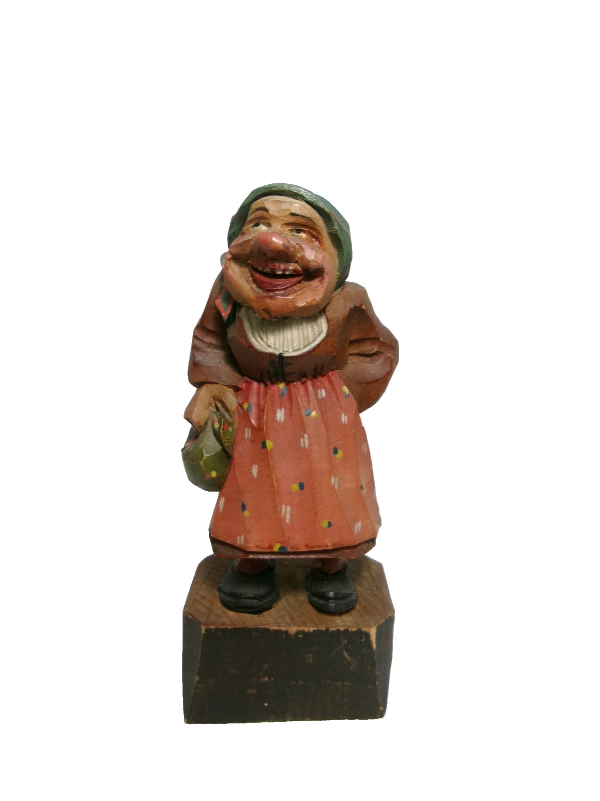 Woman w/ Purse Figure, Hand Carved Wood, Old World Folk Art - Marked ITALY