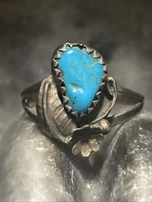 Vintage Native American Sterling Silver And Turquoise Leaf Blossom Ring Size 5.5