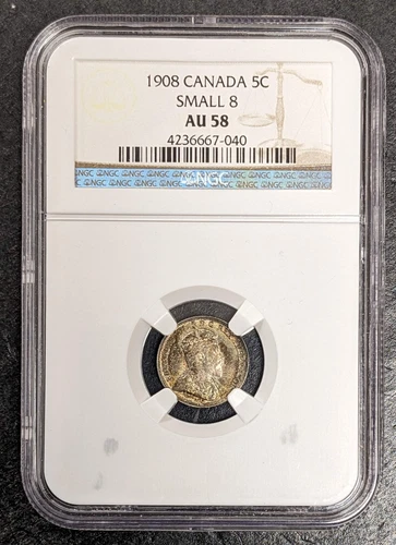 1908 Canada Silver Edward VII 5 Cent Small 8 Toned NGC AU 58